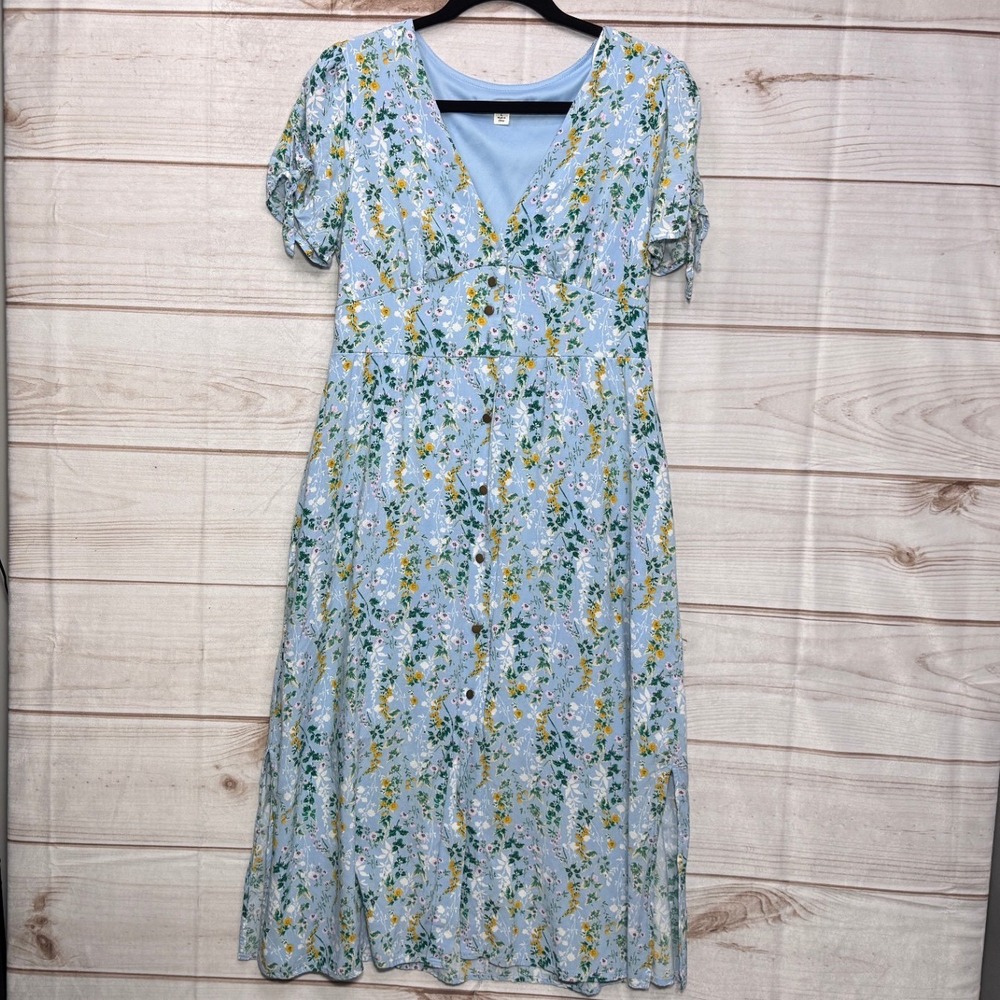 Mi Ami Blue Floral V-Neck Midi Dress Short Puff Sleeve Tie Cuff Large